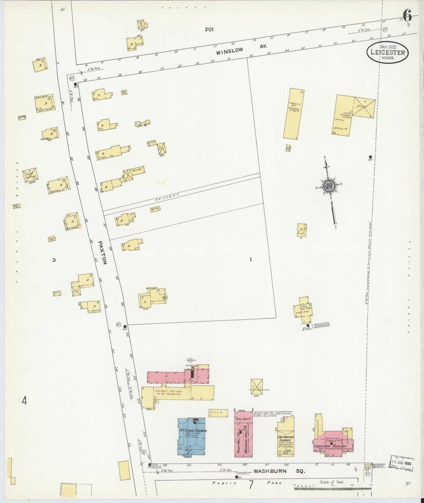 Sanborn Fire Insurance Map from Leicester, Worcester County, Massachusetts (1910), Sheet #0006 - Historic Sanborn Fire Insurance Map Print, vintage old map wall art, antique decor, genealogy gift, Massachusetts Massachusetts map