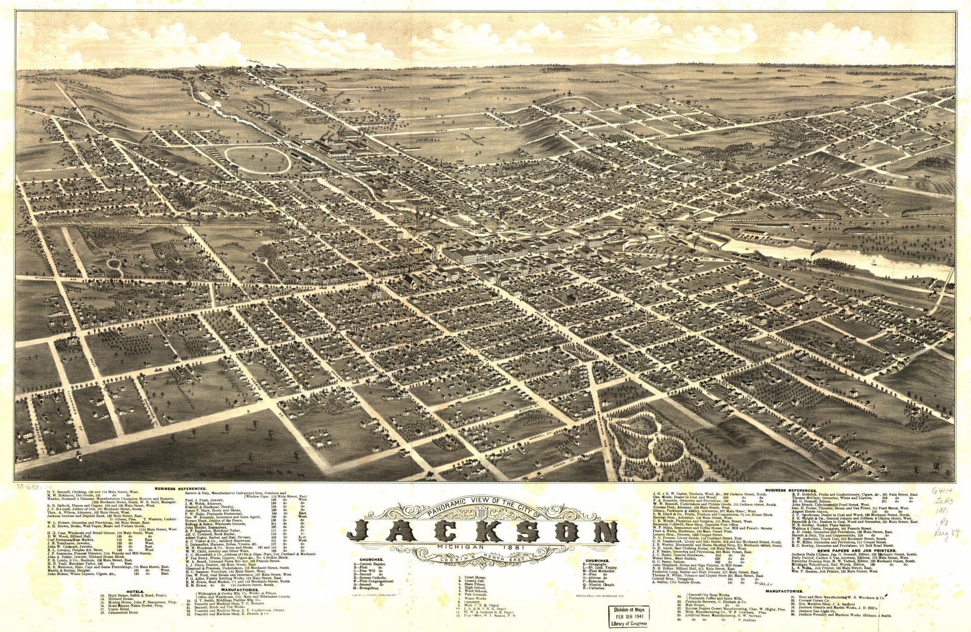 Panoramic view of the city of Jackson, Michigan 1881. (1881) – Historic Bird’s-Eye View Panorama Print