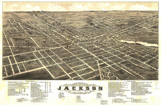 Panoramic view of the city of Jackson, Michigan 1881. (1881) – Historic Bird’s-Eye View Panorama Print