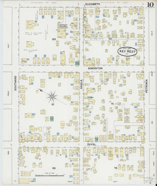 Sanborn Fire Insurance Map from Key West, Monroe County, Florida (1889), Sheet #0010 - Historic Sanborn Fire Insurance Map Print, vintage old map wall art, antique decor, genealogy gift, Florida Florida map