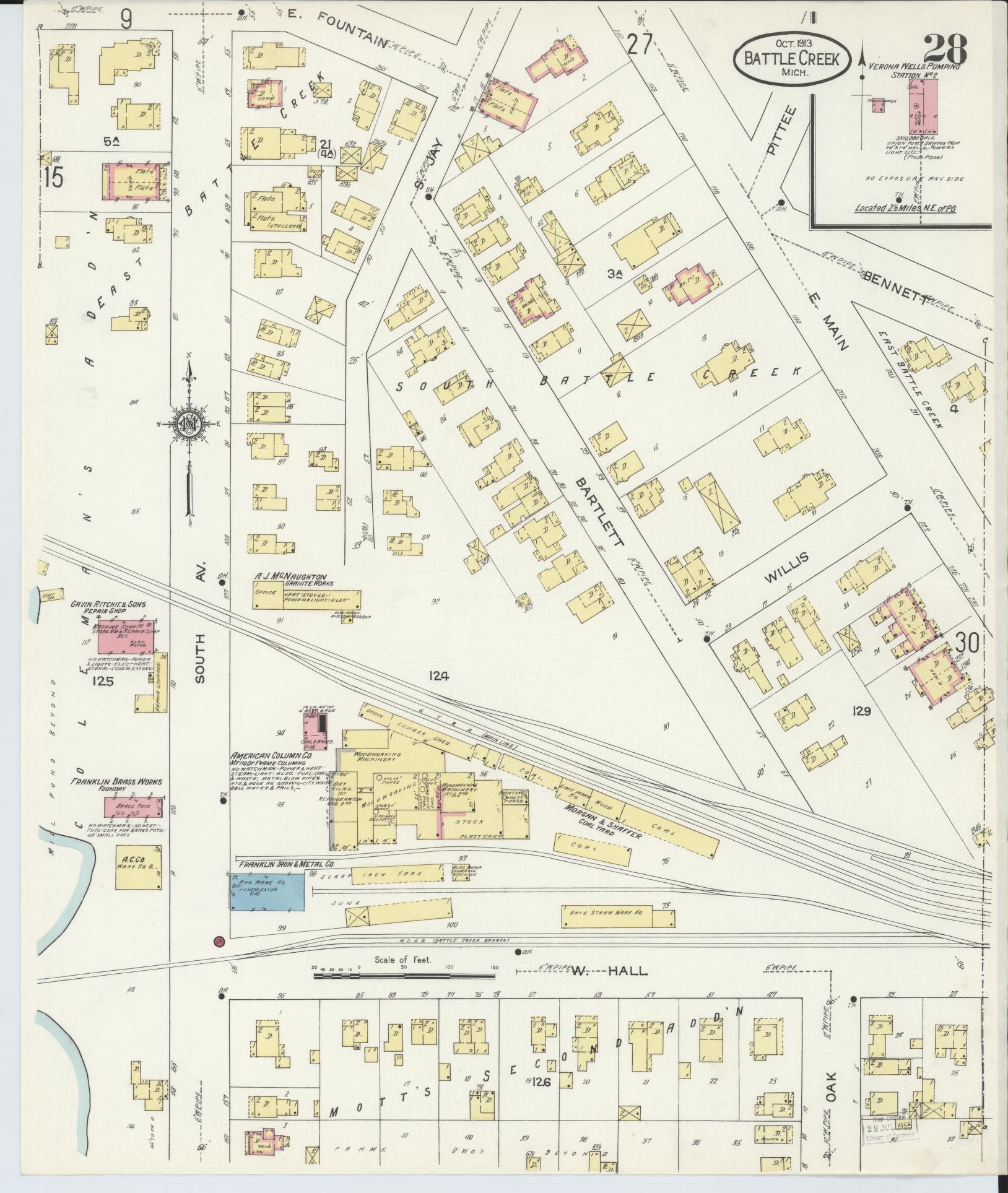 Sanborn Fire Insurance Map from Battle Creek, Calhoun County, Michigan (1913), Sheet #0028 - Complete Map Set gallery image, historic Sanborn map, vintage wall art, Michigan Michigan