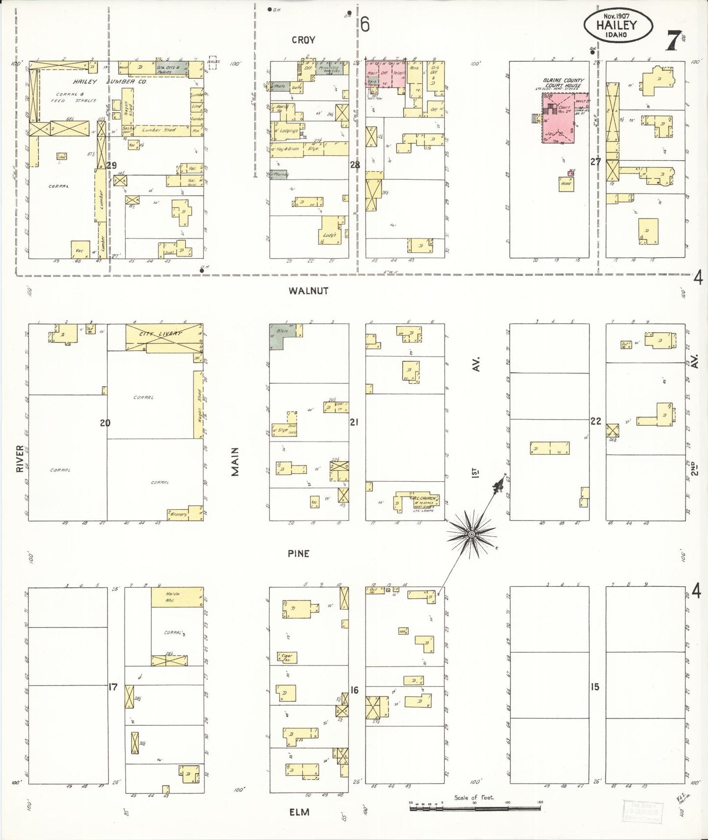 Sanborn Fire Insurance Map from Hailey, Blaine County, Idaho (1907), Sheet #0007 - Historic Sanborn Fire Insurance Map Print, vintage old map wall art, antique decor, genealogy gift, Idaho Idaho map