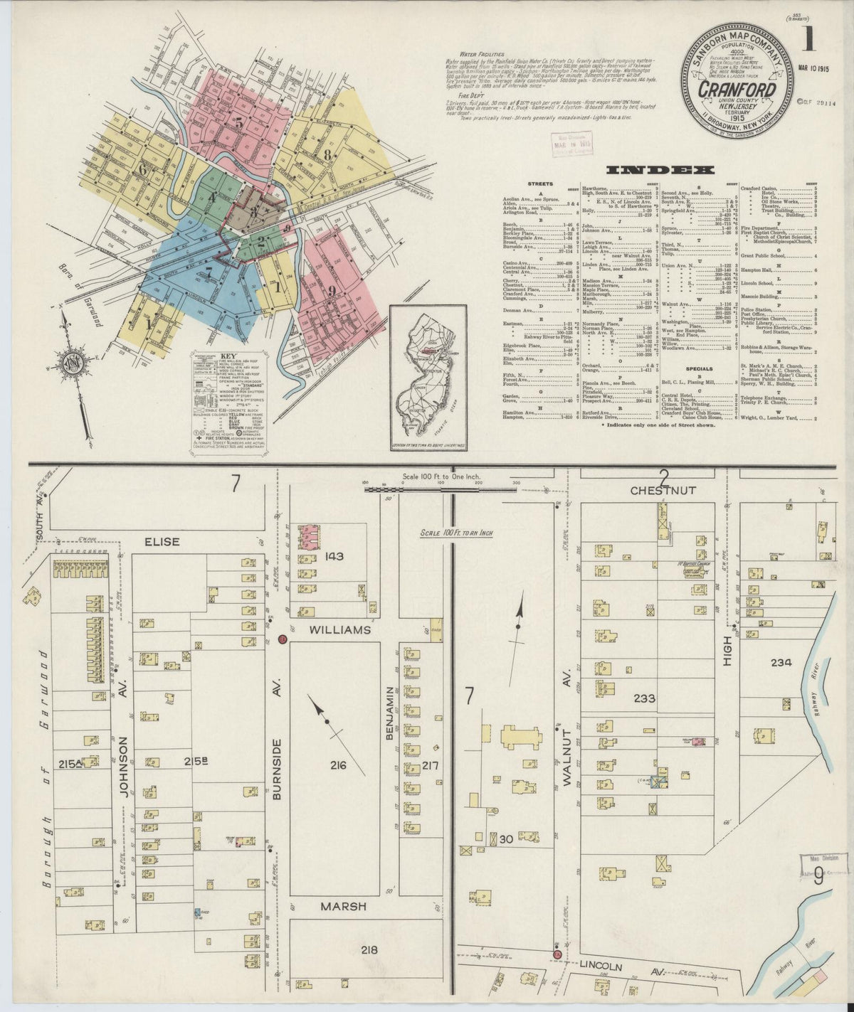 Sanborn Fire Insurance Map from Cranford, Union County, New Jersey (1915), Sheet #0001 - Historic Sanborn Fire Insurance Map Print, vintage old map wall art, antique decor, genealogy gift, New Jersey New Jersey map