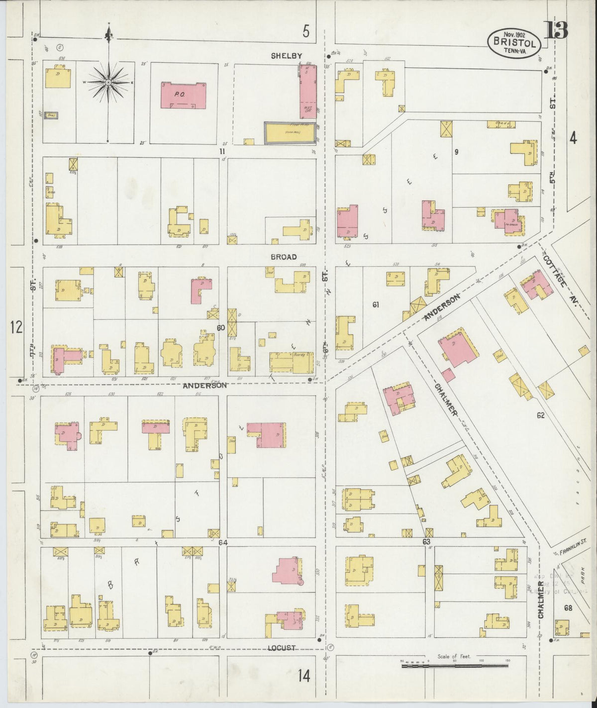 Sanborn Fire Insurance Map from Bristol, Sullivan County, Tennessee (1902), Sheet #0013 - Historic Sanborn Fire Insurance Map Print, vintage old map wall art, antique decor, genealogy gift, Tennessee Tennessee map