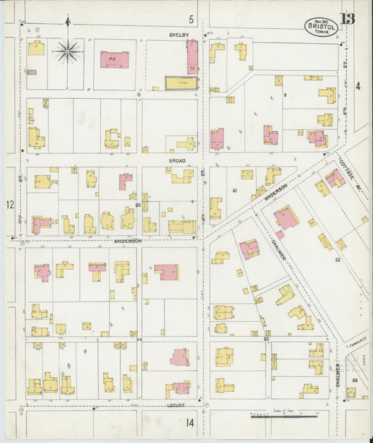 Sanborn Fire Insurance Map from Bristol, Sullivan County, Tennessee (1902), Sheet #0013 - Historic Sanborn Fire Insurance Map Print, vintage old map wall art, antique decor, genealogy gift, Tennessee Tennessee map