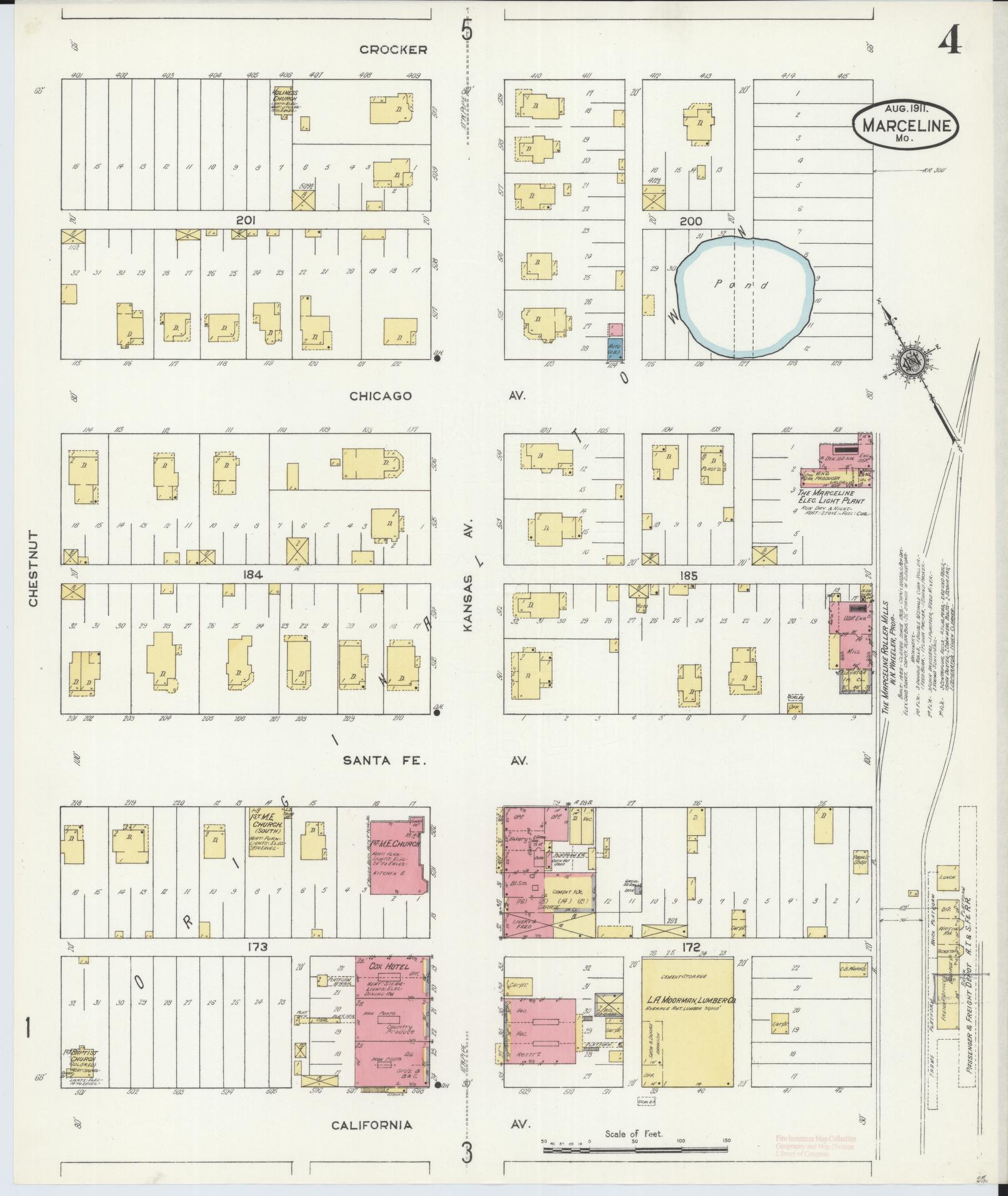 Sanborn Fire Insurance Map from Marceline, Linn County, Missouri (1911), Sheet #0004 - Historic Sanborn Fire Insurance Map Print, vintage old map wall art, antique decor, genealogy gift, Missouri Missouri map