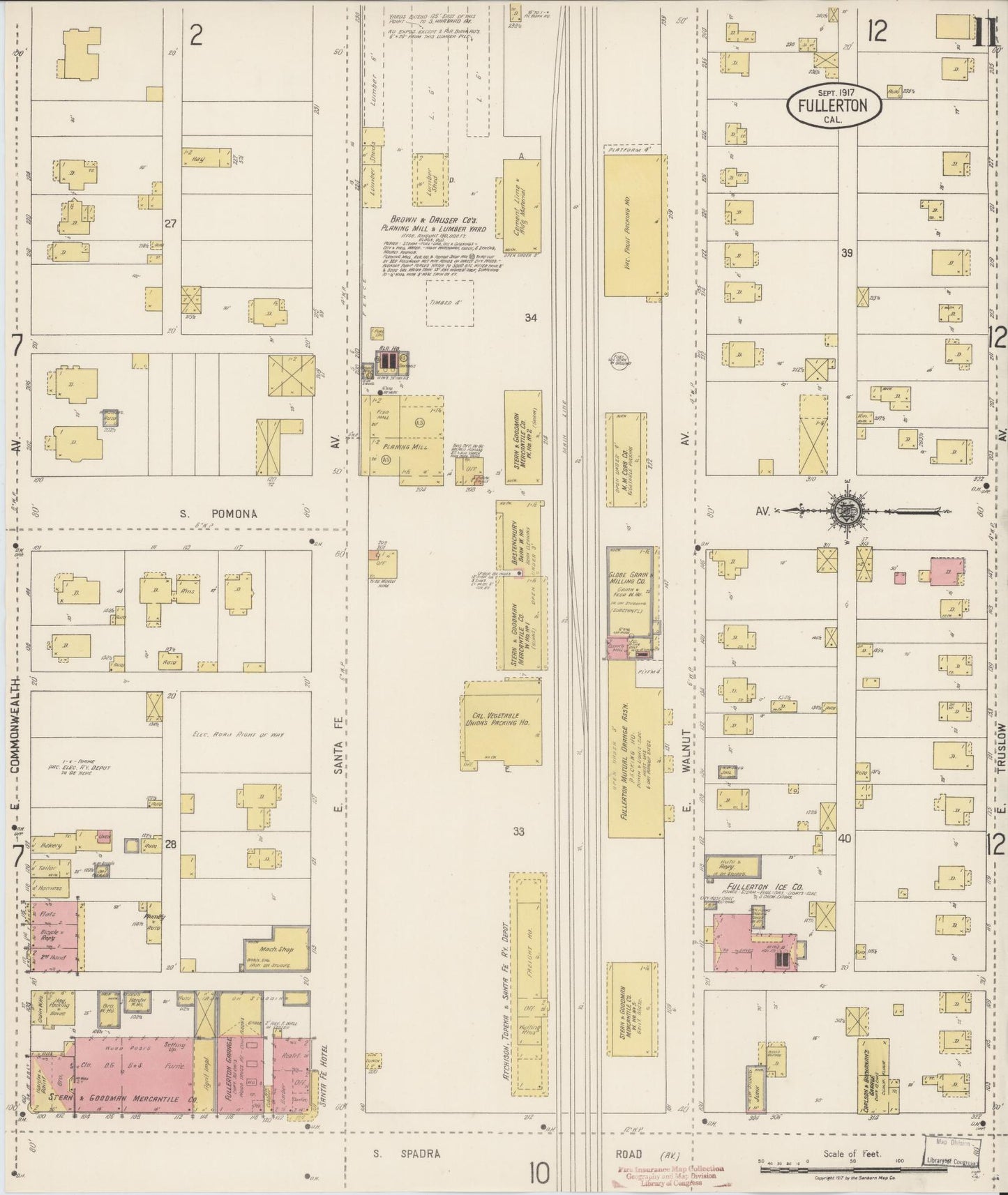 Sanborn Fire Insurance Map from Fullerton, Orange County, California (1917), Sheet #0011 - Historic Sanborn Fire Insurance Map Print, vintage old map wall art, antique decor, genealogy gift, California California map
