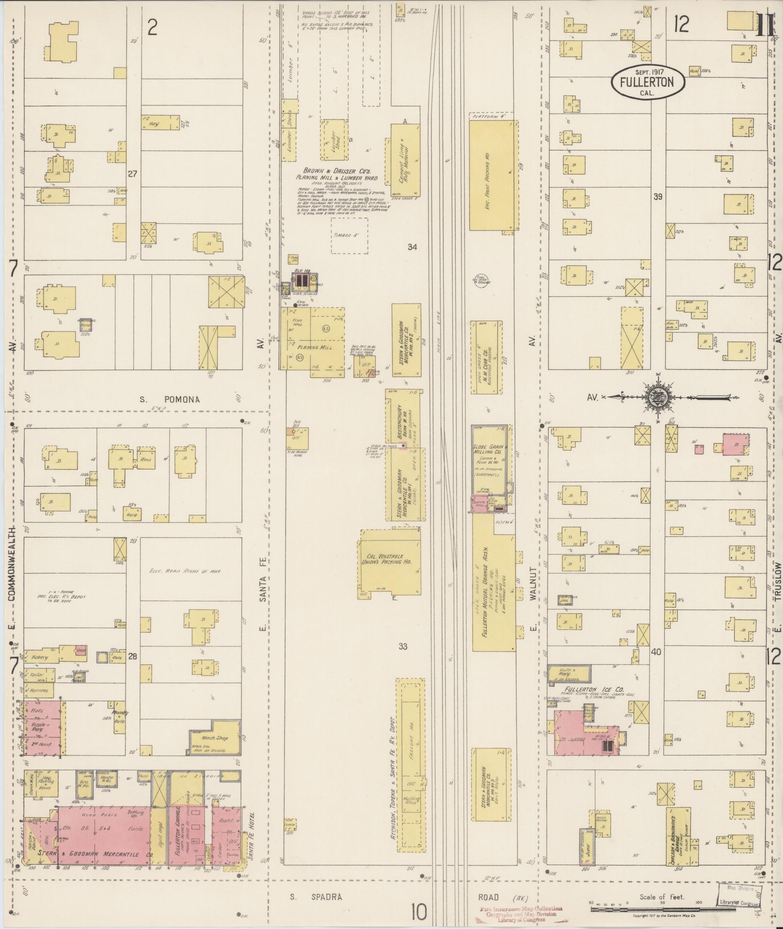 Sanborn Fire Insurance Map from Fullerton, Orange County, California (1917), Sheet #0011 - Historic Sanborn Fire Insurance Map Print, vintage old map wall art, antique decor, genealogy gift, California California map