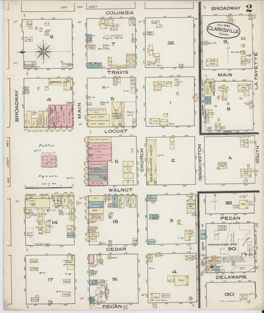 Sanborn Fire Insurance Map from Clarksville, Red River County, Texas (1885), Sheet #0002 - Historic Sanborn Fire Insurance Map Print, vintage old map wall art, antique decor, genealogy gift, Texas Texas map