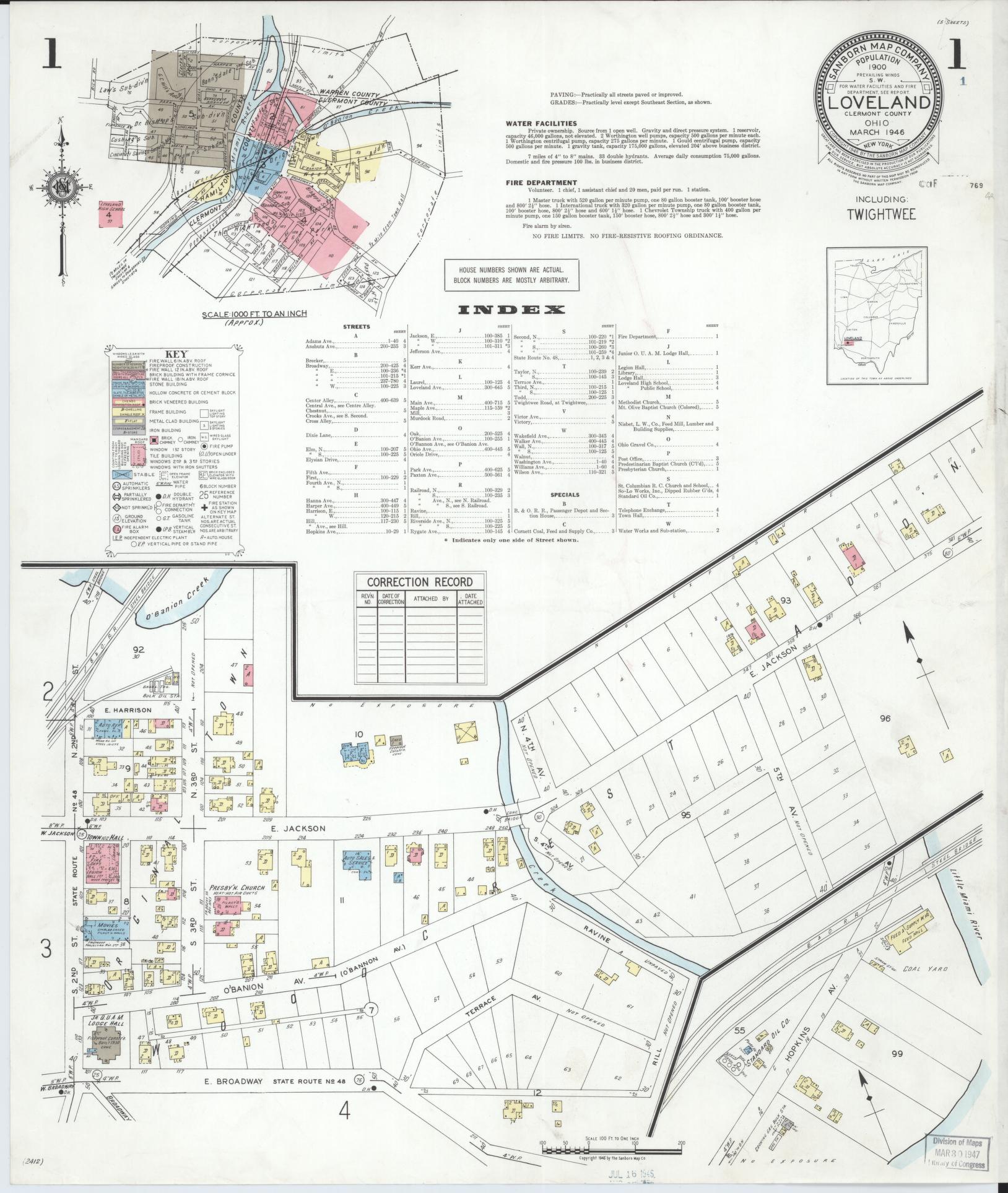 Sanborn Fire Insurance Map from Loveland, Clermont, Hamilton, And Warren County, Ohio (1946), Sheet #0001 - Historic Sanborn Fire Insurance Map Print, vintage old map wall art, antique decor, genealogy gift, Ohio Ohio map