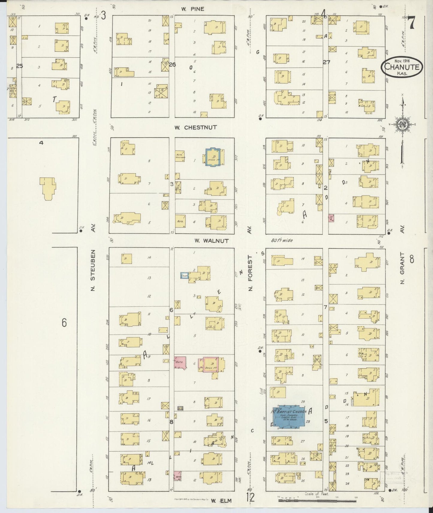 Sanborn Fire Insurance Map from Chanute, Neosho County, Kansas (1916), Sheet #0007 - Historic Sanborn Fire Insurance Map Print, vintage old map wall art, antique decor, genealogy gift, Kansas Kansas map