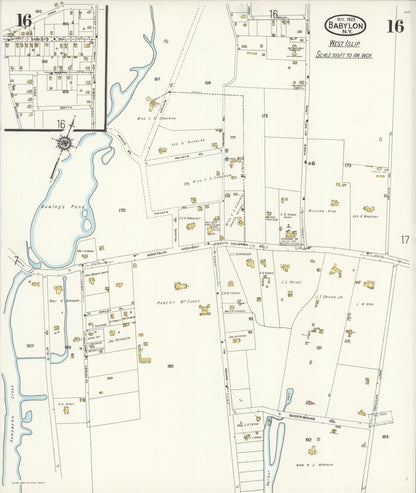 Sanborn Fire Insurance Map from Babylon, Suffolk County, New York (1923), Sheet #0016 - Historic Sanborn Fire Insurance Map Print, vintage old map wall art, antique decor, genealogy gift, New York New York map