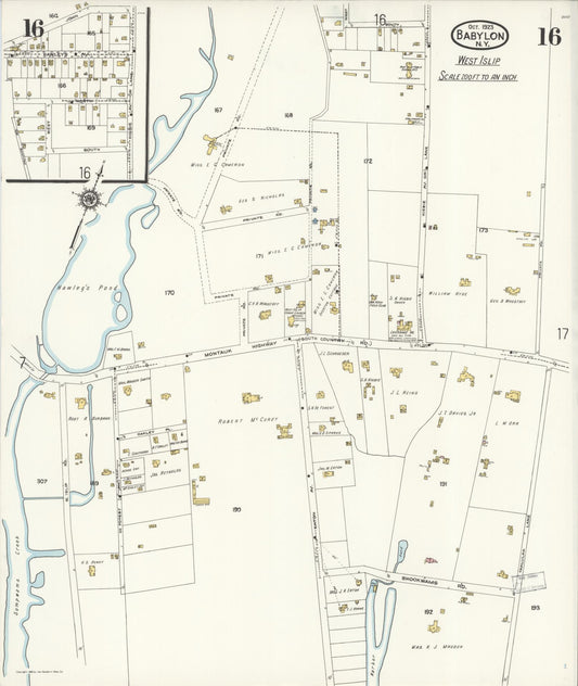 Sanborn Fire Insurance Map from Babylon, Suffolk County, New York (1923), Sheet #0016 - Historic Sanborn Fire Insurance Map Print, vintage old map wall art, antique decor, genealogy gift, New York New York map