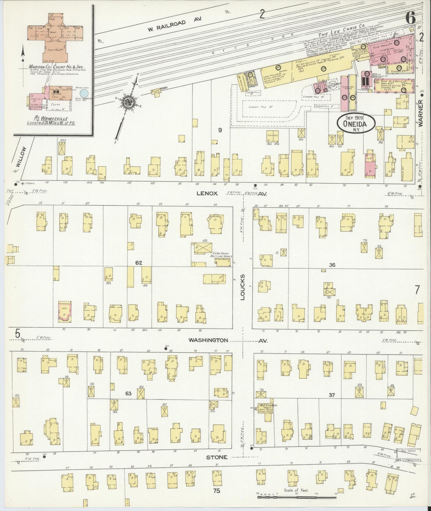 Sanborn Fire Insurance Map from Oneida, Madison County, New York (1909), Sheet #0006 - Historic Sanborn Fire Insurance Map Print, vintage old map wall art, antique decor, genealogy gift, New York New York map