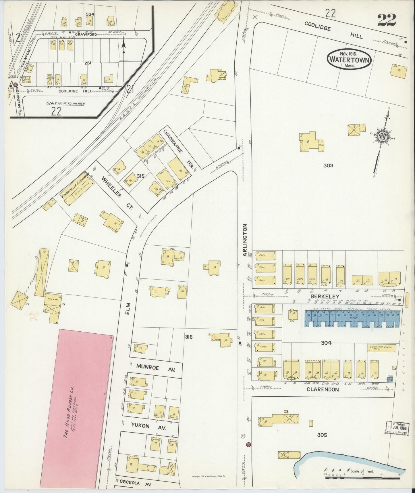 Sanborn Fire Insurance Map from Watertown, Middlesex County, Massachusetts (1916), Sheet #0022 - Complete Map Set gallery image, historic Sanborn map, vintage wall art, Massachusetts Massachusetts