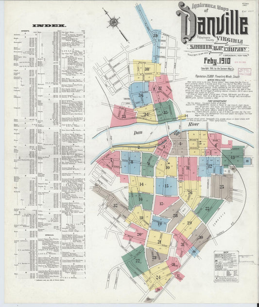 Sanborn Fire Insurance Map from Danville, Independent Cities, Virginia (1910), Sheet #0001 - Historic Sanborn Fire Insurance Map Print, vintage old map wall art, antique decor, genealogy gift, Virginia Virginia map