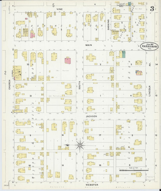 Sanborn Fire Insurance Map from Harrisburg, Saline County, Illinois (1907), Sheet #0003 - Historic Sanborn Fire Insurance Map Print, vintage old map wall art, antique decor, genealogy gift, Illinois Illinois map