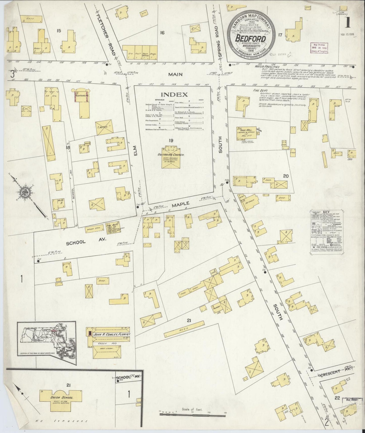 Sanborn Fire Insurance Map from Bedford, Middlesex County, Massachusetts (1916), Sheet #0001 - Complete Map Set gallery image, historic Sanborn map, vintage wall art, Massachusetts Massachusetts