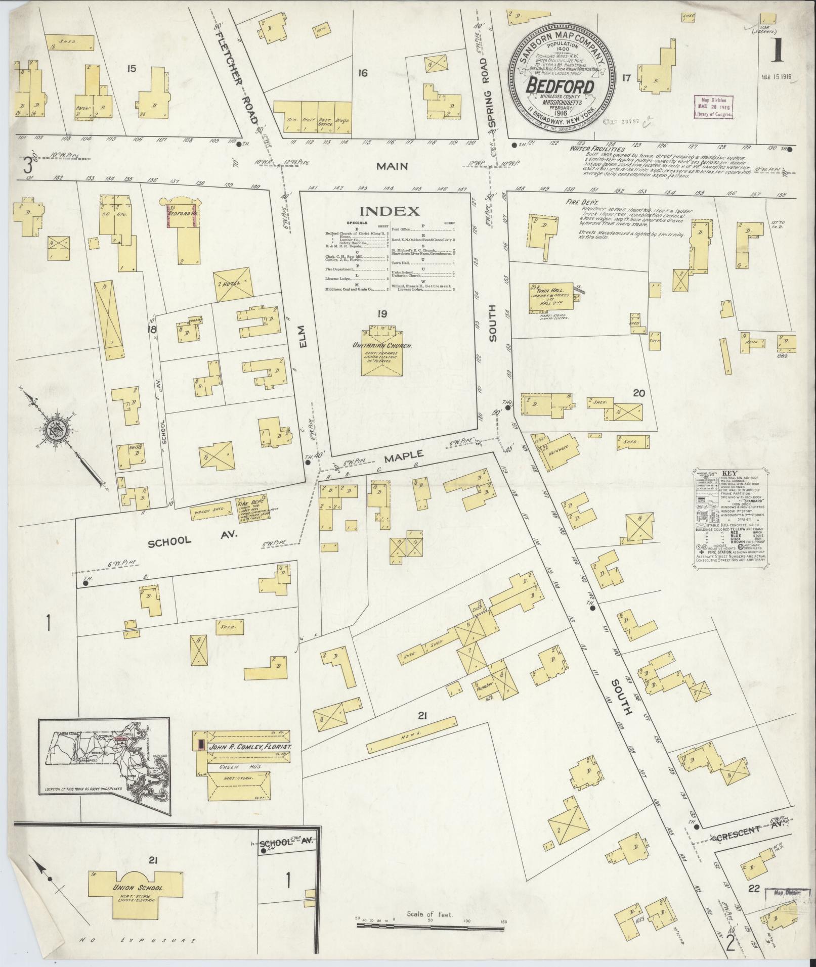 Sanborn Fire Insurance Map from Bedford, Middlesex County, Massachusetts (1916), Sheet #0001 - Complete Map Set gallery image, historic Sanborn map, vintage wall art, Massachusetts Massachusetts