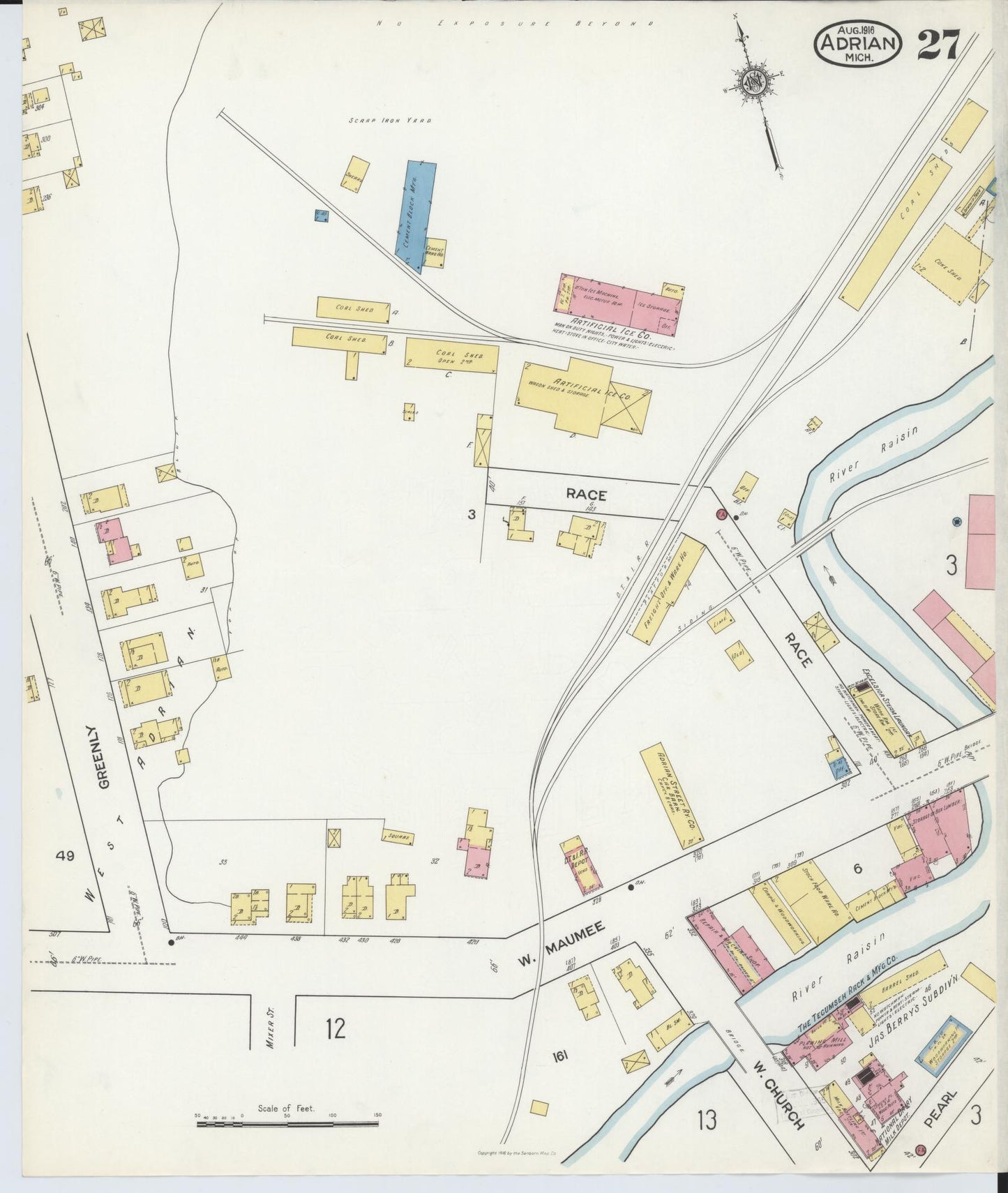 Sanborn Fire Insurance Map from Adrian, Lenawee County, Michigan (1916), Sheet #0027 - Historic Sanborn Fire Insurance Map Print, vintage old map wall art, antique decor, genealogy gift, Michigan Michigan map