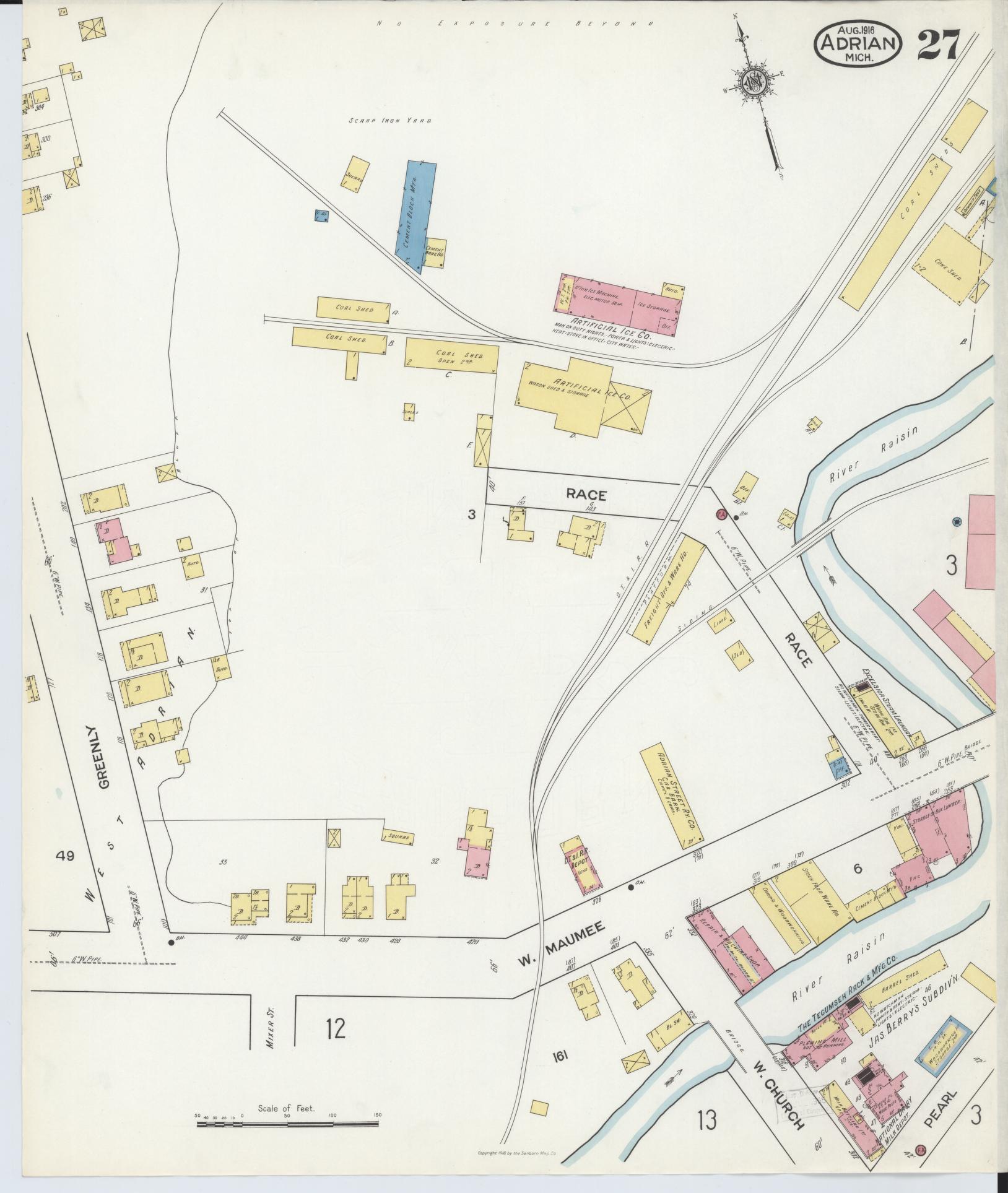 Sanborn Fire Insurance Map from Adrian, Lenawee County, Michigan (1916), Sheet #0027 - Historic Sanborn Fire Insurance Map Print, vintage old map wall art, antique decor, genealogy gift, Michigan Michigan map