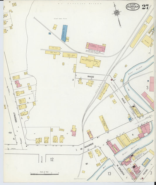 Sanborn Fire Insurance Map from Adrian, Lenawee County, Michigan (1916), Sheet #0027 - Historic Sanborn Fire Insurance Map Print, vintage old map wall art, antique decor, genealogy gift, Michigan Michigan map