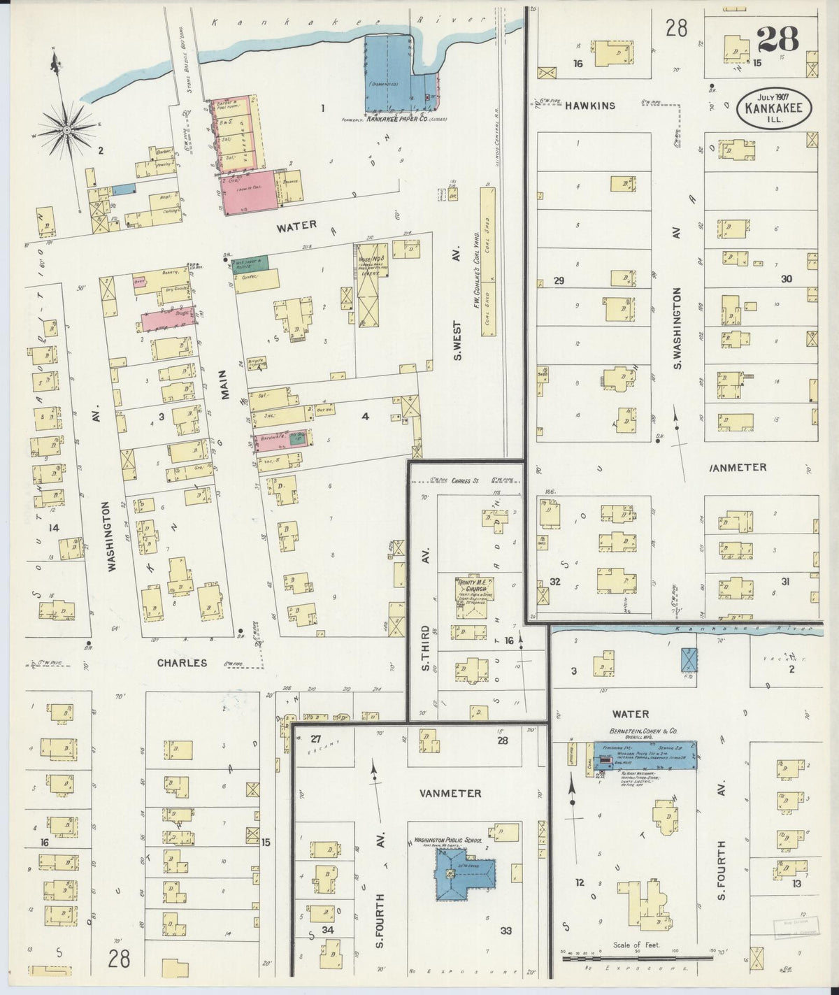 Sanborn Fire Insurance Map from Kankakee, Kankakee County, Illinois (1907), Sheet #0028 - Complete Map Set gallery image, historic Sanborn map, vintage wall art, Illinois Illinois