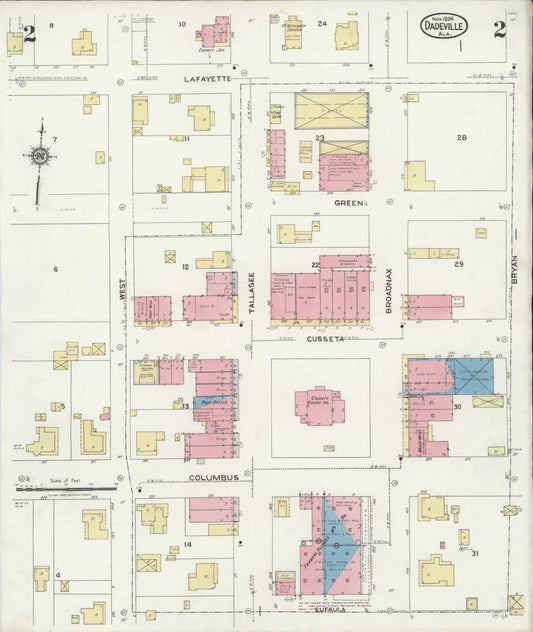 Sanborn Fire Insurance Map from Dadeville, Tallapoosa County, Alabama (1924), Sheet #0002 - Historic Sanborn Fire Insurance Map Print, vintage old map wall art, antique decor, genealogy gift, Alabama Alabama map