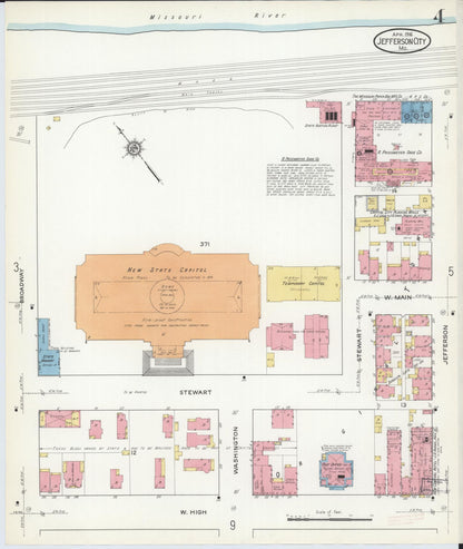 Sanborn Fire Insurance Map from Jefferson City, Cole County, Missouri (1916), Sheet #0004 - Historic Sanborn Fire Insurance Map Print, vintage old map wall art, antique decor, genealogy gift, Missouri Missouri map