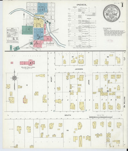 Sanborn Fire Insurance Map from Bellevue, Eaton County, Michigan (1911), Sheet #0001 - Historic Sanborn Fire Insurance Map Print, vintage old map wall art, antique decor, genealogy gift, Michigan Michigan map