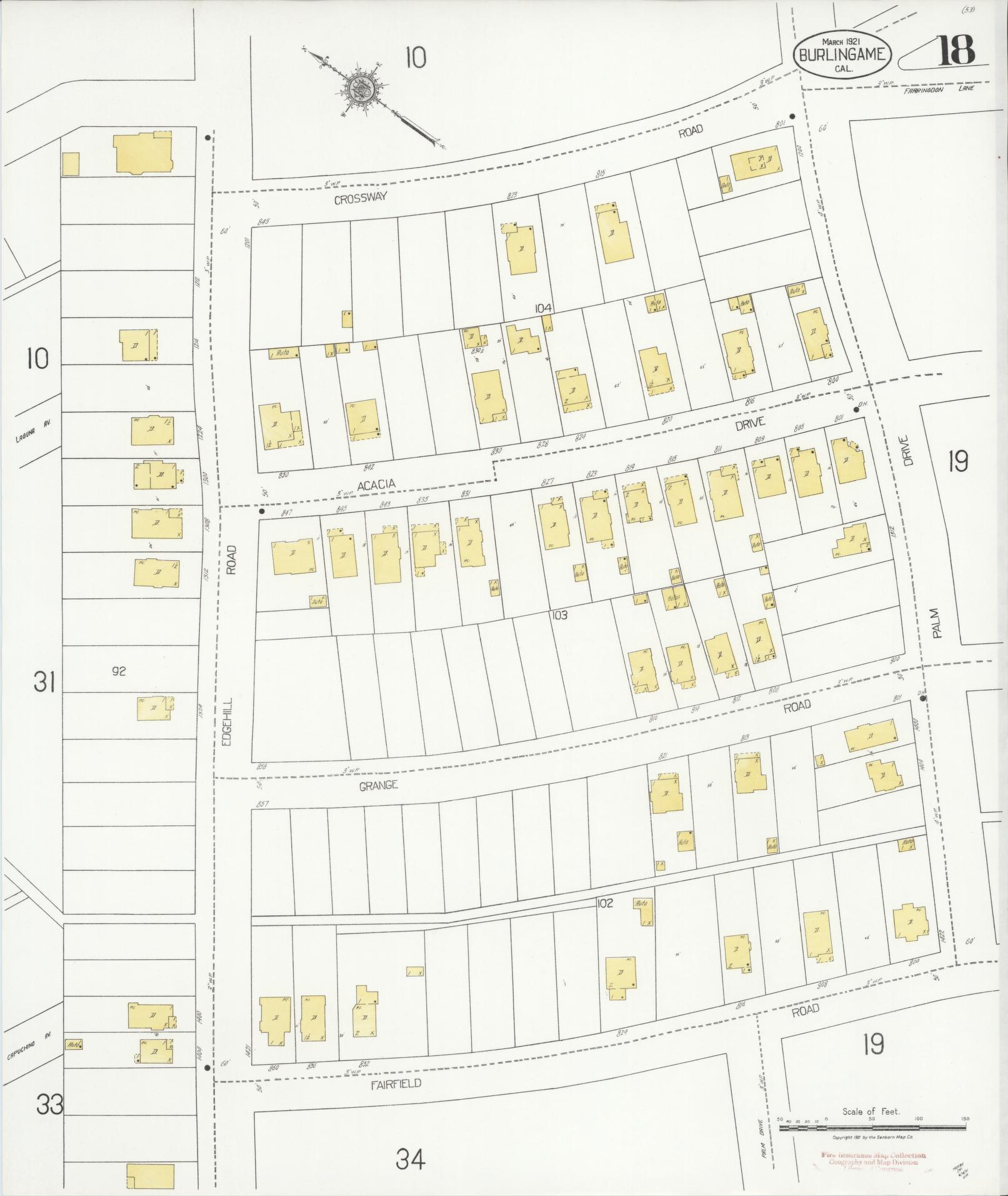 Sanborn Fire Insurance Map from Burlingame, San Mateo County, California (1921), Sheet #0018 - Historic Sanborn Fire Insurance Map Print, vintage old map wall art, antique decor, genealogy gift, California California map