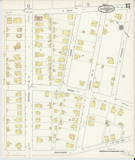 Sanborn Fire Insurance Map from Johnson City, Washington County, Tennessee (1913), Sheet #0015 - Historic Sanborn Fire Insurance Map Print, vintage old map wall art, antique decor, genealogy gift, Tennessee Tennessee map