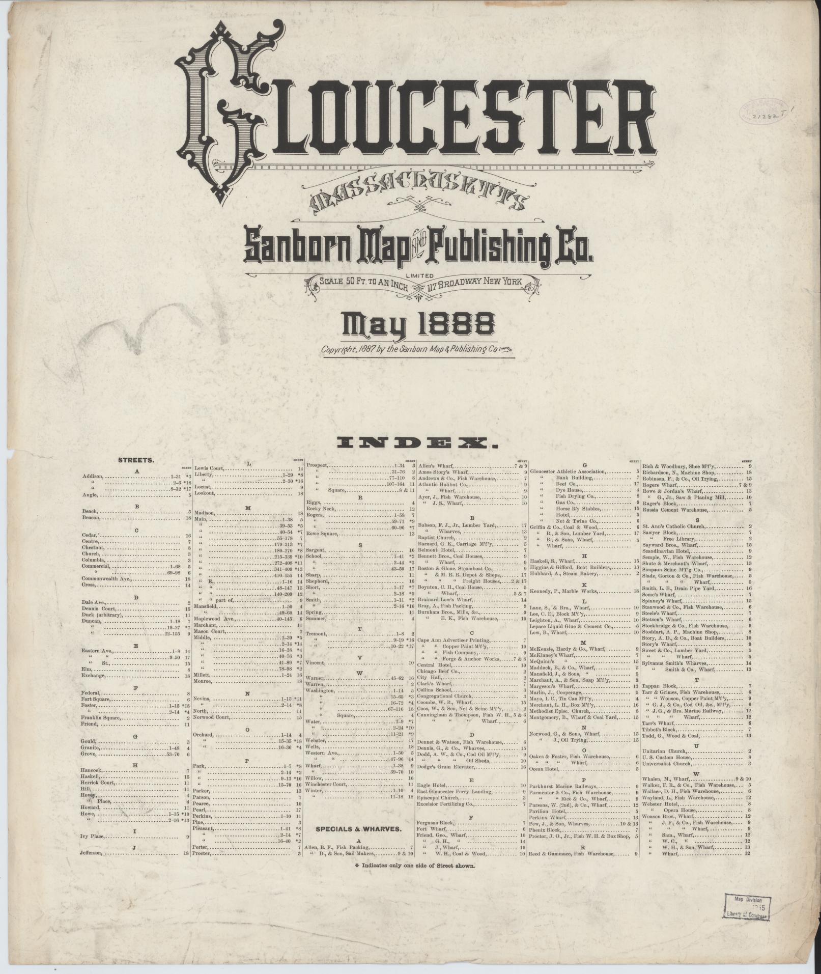 Sanborn Fire Insurance Map from Gloucester, Essex County, Massachusetts (1888), Sheet #0001 - Historic Sanborn Fire Insurance Map Print, vintage old map wall art, antique decor, genealogy gift, Massachusetts Massachusetts map