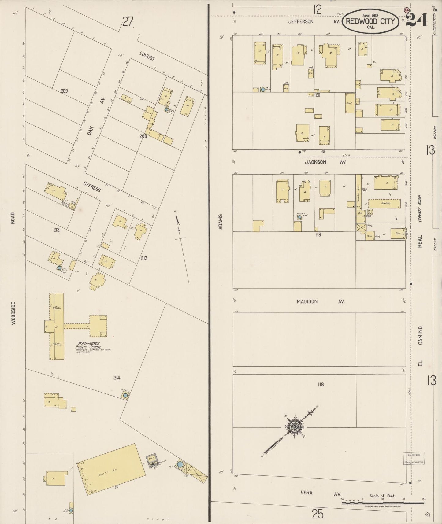 Sanborn Fire Insurance Map from Redwood City, San Mateo County, California (1919), Sheet #0024 - Complete Map Set gallery image, historic Sanborn map, vintage wall art, California California