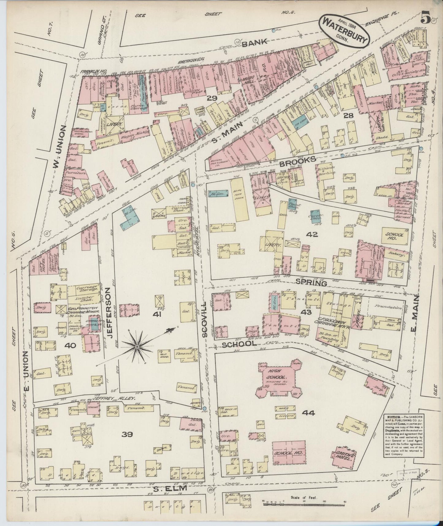 Sanborn Fire Insurance Map from Waterbury, New Haven County, Connecticut (1884), Sheet #0005 - Complete Map Set gallery image, historic Sanborn map, vintage wall art, Connecticut Connecticut