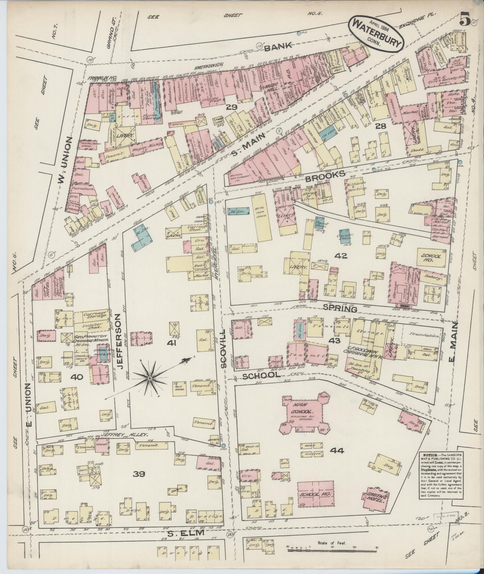 Sanborn Fire Insurance Map from Waterbury, New Haven County, Connecticut (1884), Sheet #0005 - Complete Map Set gallery image, historic Sanborn map, vintage wall art, Connecticut Connecticut
