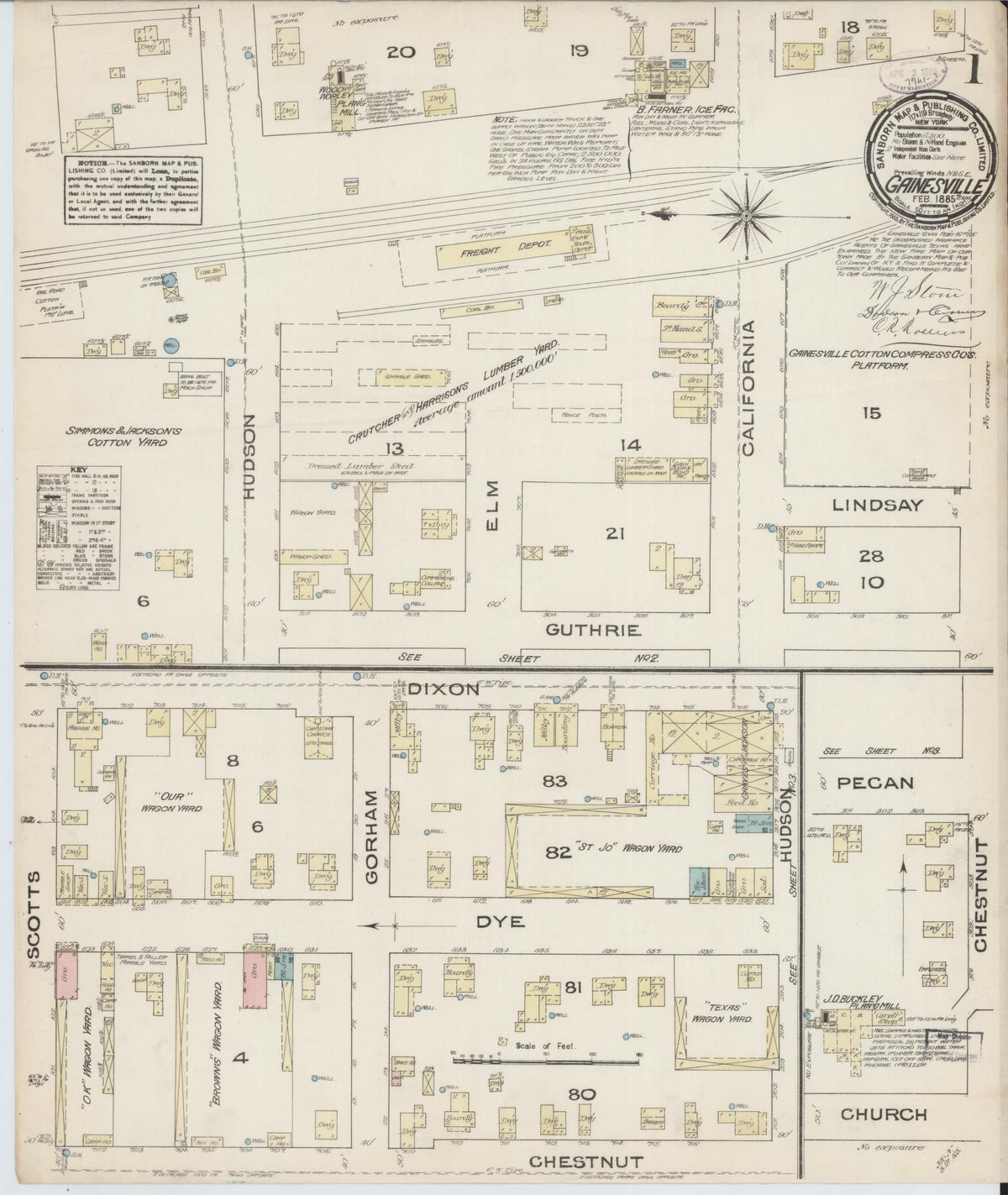 Sanborn Fire Insurance Map from Gainesville, Cooke County, Texas (1885), Sheet #0001 - Complete Map Set gallery image, historic Sanborn map, vintage wall art, Texas Texas