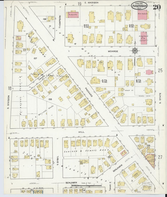 Sanborn Fire Insurance Map from Ann Arbor, Washtenaw County, Michigan (1916), Sheet #0020 - Historic Sanborn Fire Insurance Map Print, vintage old map wall art, antique decor, genealogy gift, Michigan Michigan map