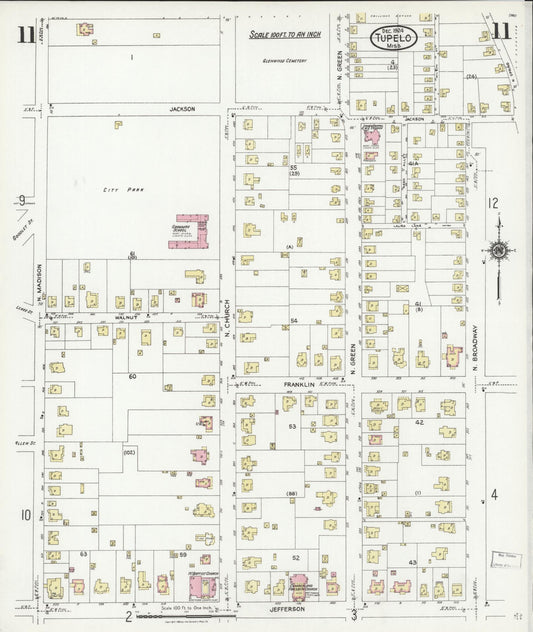 Sanborn Fire Insurance Map from Tupelo, Lee County, Mississippi (1924), Sheet #0011 - Historic Sanborn Fire Insurance Map Print, vintage old map wall art, antique decor, genealogy gift, Mississippi Mississippi map