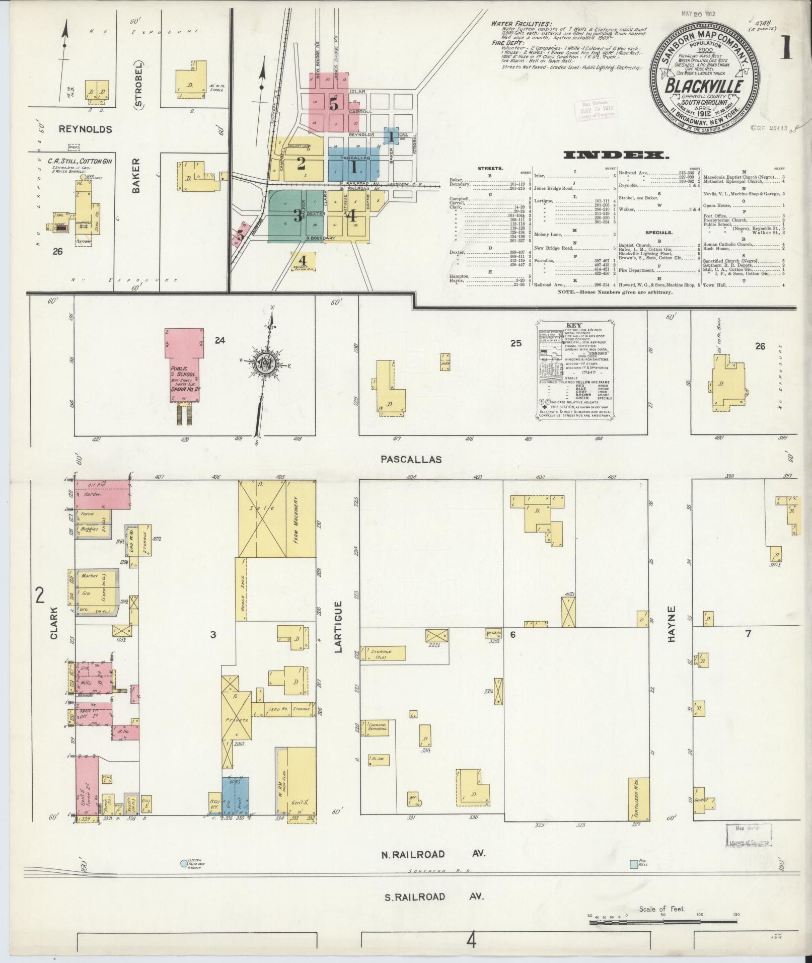 Sanborn Fire Insurance Map from Blackville, Barnwell County, South Carolina (1912), Sheet #0001 - Historic Sanborn Fire Insurance Map Print, vintage old map wall art, antique decor, genealogy gift, South Carolina South Carolina map