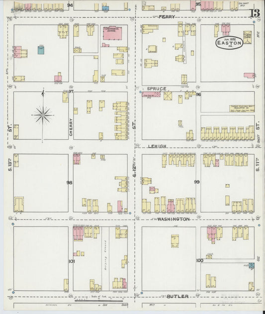 Sanborn Fire Insurance Map from Easton, Northampton County, Pennsylvania (1892), Sheet #0013 - Historic Sanborn Fire Insurance Map Print, vintage old map wall art, antique decor, genealogy gift, Pennsylvania Pennsylvania map