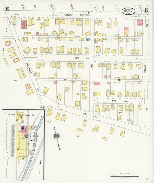 Sanborn Fire Insurance Map from Irwin, Westmoreland County, Pennsylvania (1925), Sheet #0008 - Historic Sanborn Fire Insurance Map Print, vintage old map wall art, antique decor, genealogy gift, Pennsylvania Pennsylvania map