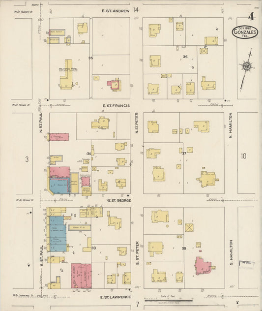 Sanborn Fire Insurance Map from Gonzales, Gonzales County, Texas (1922), Sheet #0004 - Historic Sanborn Fire Insurance Map Print, vintage old map wall art, antique decor, genealogy gift, Texas Texas map