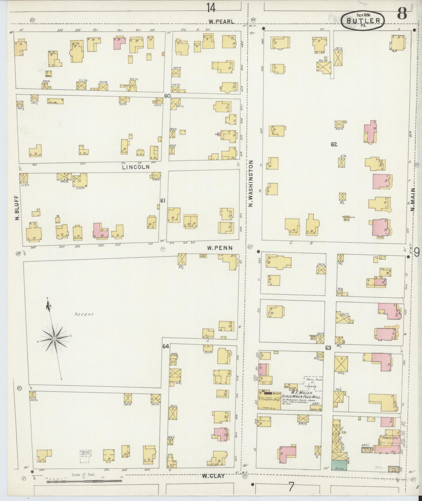 Sanborn Fire Insurance Map from Butler, Butler County, Pennsylvania (1896), Sheet #0008 - Historic Sanborn Fire Insurance Map Print, vintage old map wall art, antique decor, genealogy gift, Pennsylvania Pennsylvania map
