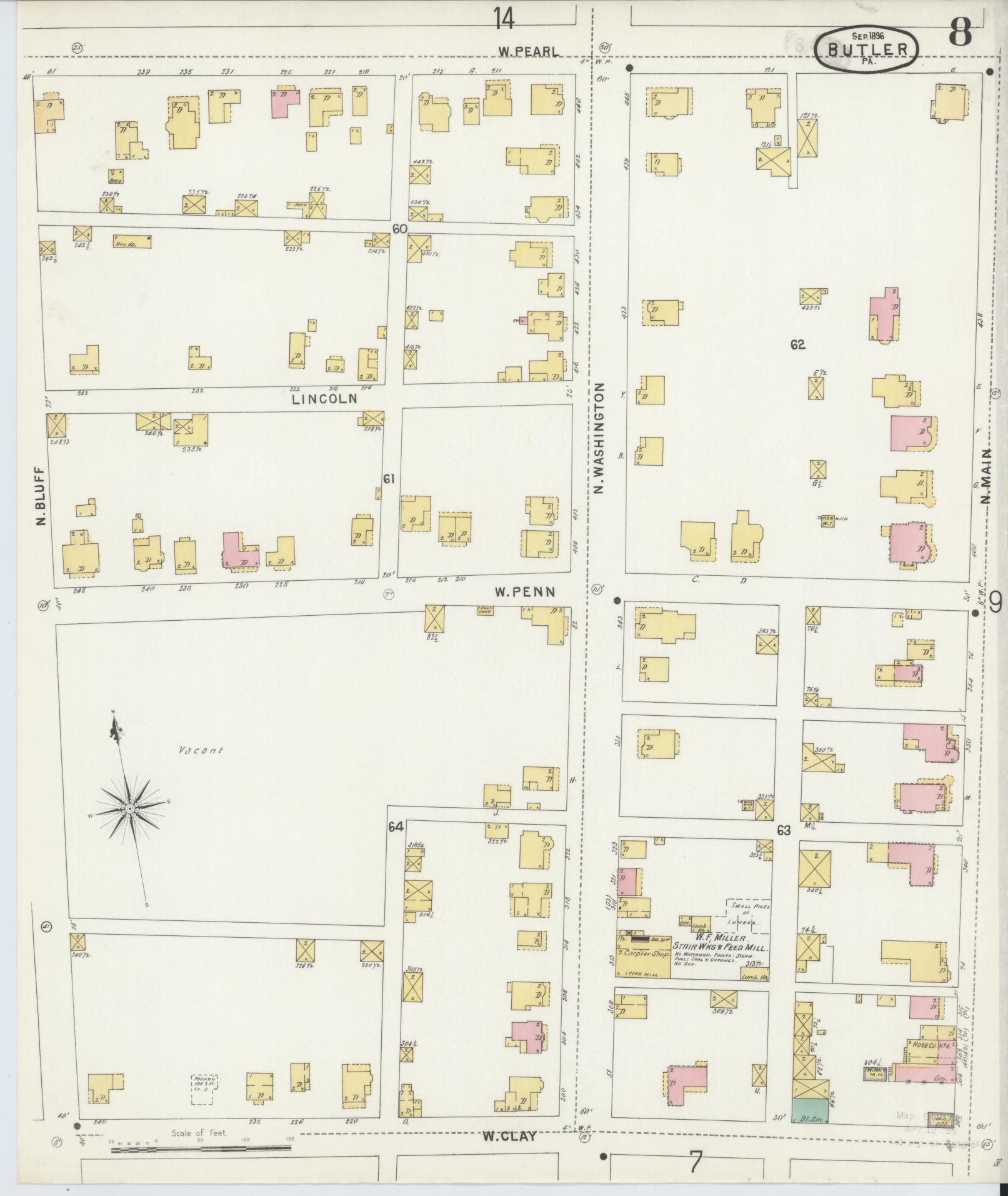 Sanborn Fire Insurance Map from Butler, Butler County, Pennsylvania (1896), Sheet #0008 - Historic Sanborn Fire Insurance Map Print, vintage old map wall art, antique decor, genealogy gift, Pennsylvania Pennsylvania map