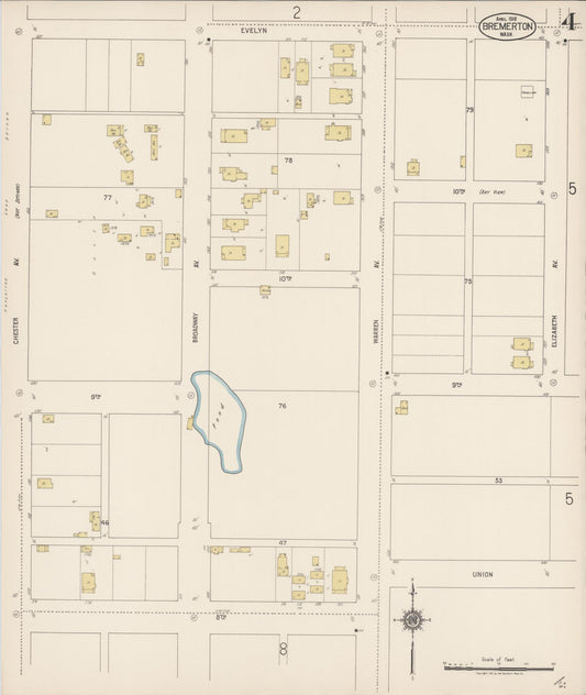 Sanborn Fire Insurance Map from Bremerton, Kitsap County, Washington (1918), Sheet #0004 - Historic Sanborn Fire Insurance Map Print, vintage old map wall art, antique decor, genealogy gift, Washington Washington map