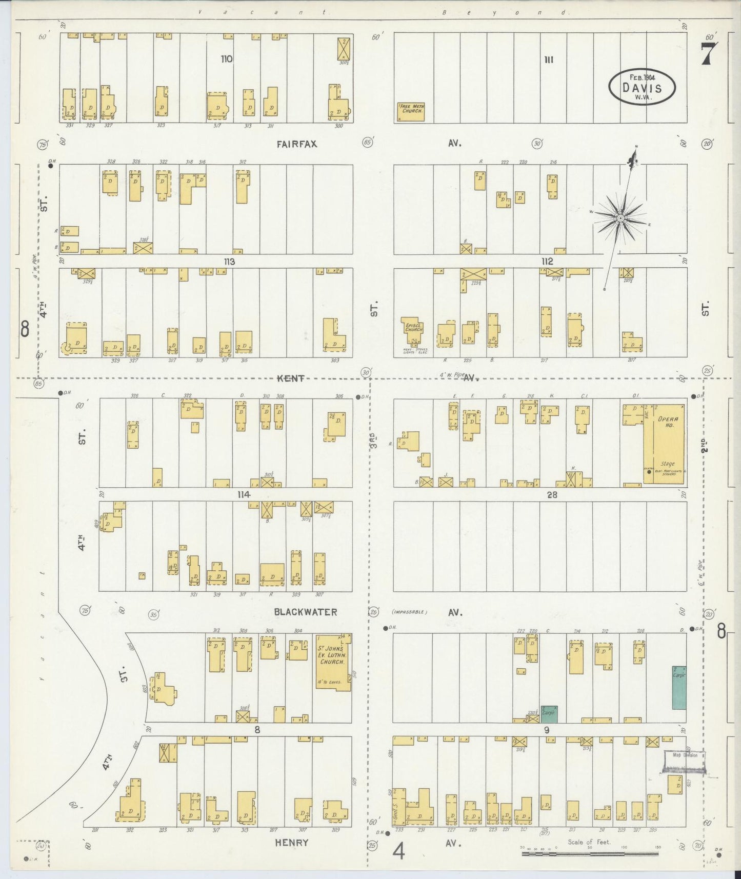 Sanborn Fire Insurance Map from Davis, Tucker County, West Virginia (1904), Sheet #0007 - Complete Map Set gallery image, historic Sanborn map, vintage wall art, West Virginia West Virginia