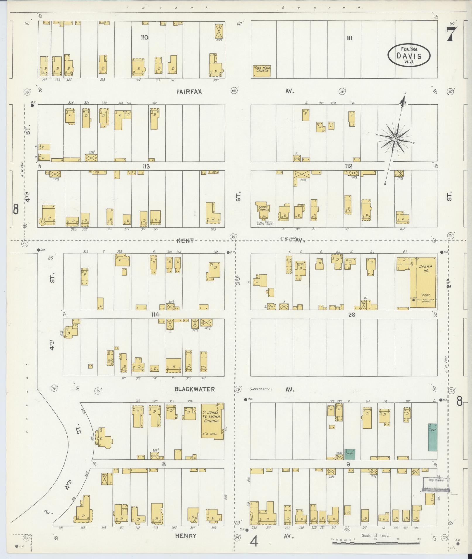 Sanborn Fire Insurance Map from Davis, Tucker County, West Virginia (1904), Sheet #0007 - Complete Map Set gallery image, historic Sanborn map, vintage wall art, West Virginia West Virginia