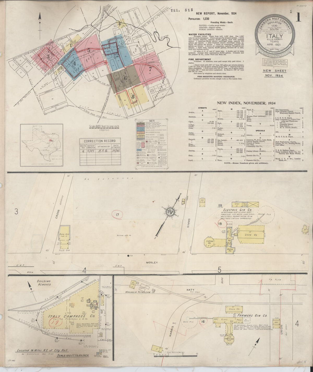 Sanborn Fire Insurance Map from Italy, Ellis County, Texas (1944), Sheet #0001 - Historic Sanborn Fire Insurance Map Print, vintage old map wall art, antique decor, genealogy gift, Texas Texas map