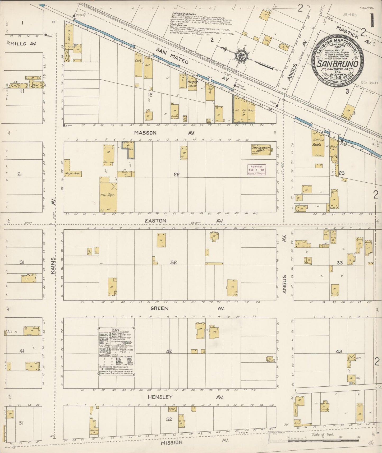 Sanborn Fire Insurance Map from San Bruno, San Mateo County, California (1913), Sheet #0001 - Complete Map Set gallery image, historic Sanborn map, vintage wall art, California California